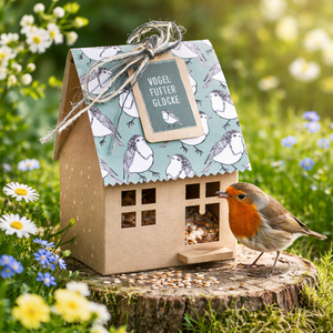 Vogelhaus mit Futterglocke & Meisenknödel – Weihnachtsgeschenk für Garten & Balkon – 9×9×15 cm – Handgefertigt von Menschen mit Behinderung