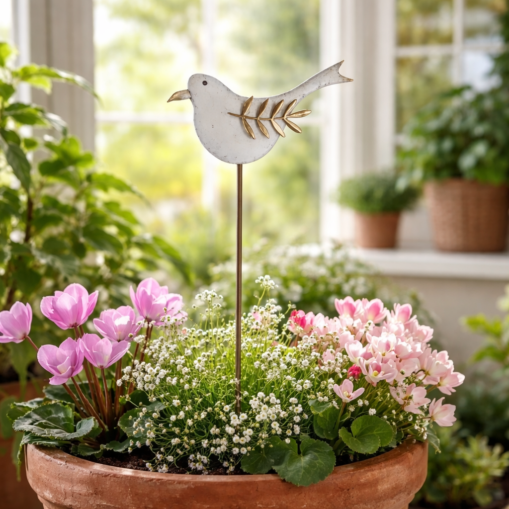 Gartenstecker Vogel aus Metall Weiß-Gold – 72 cm Gartendeko