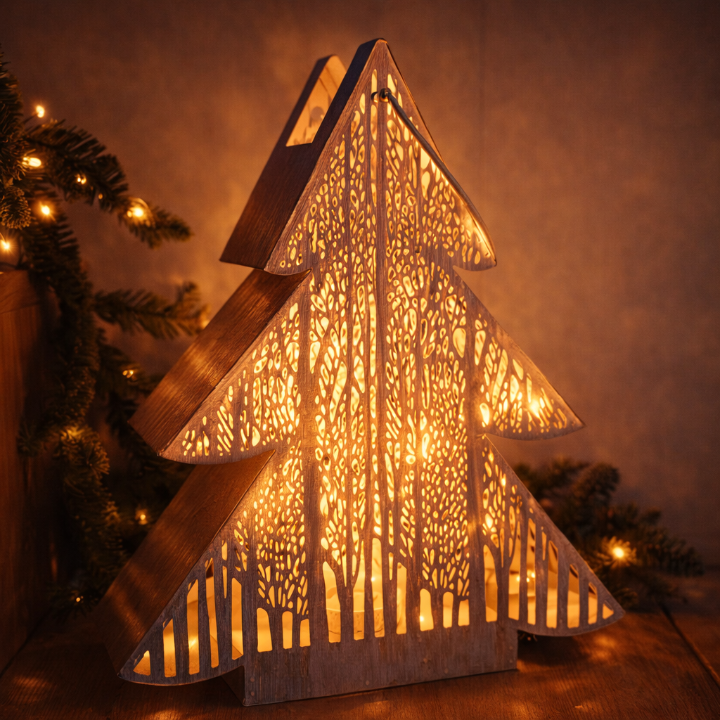 Windlicht Weihnachtsbaum Metall grau – Kerzenhalter für Teelicht zum Hängen – Weihnachtsdeko 30 cm