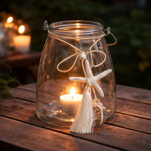 Maritimes Glas-Windlicht mit Muschel & Seestern | Vase | 12 cm | Sommerdeko