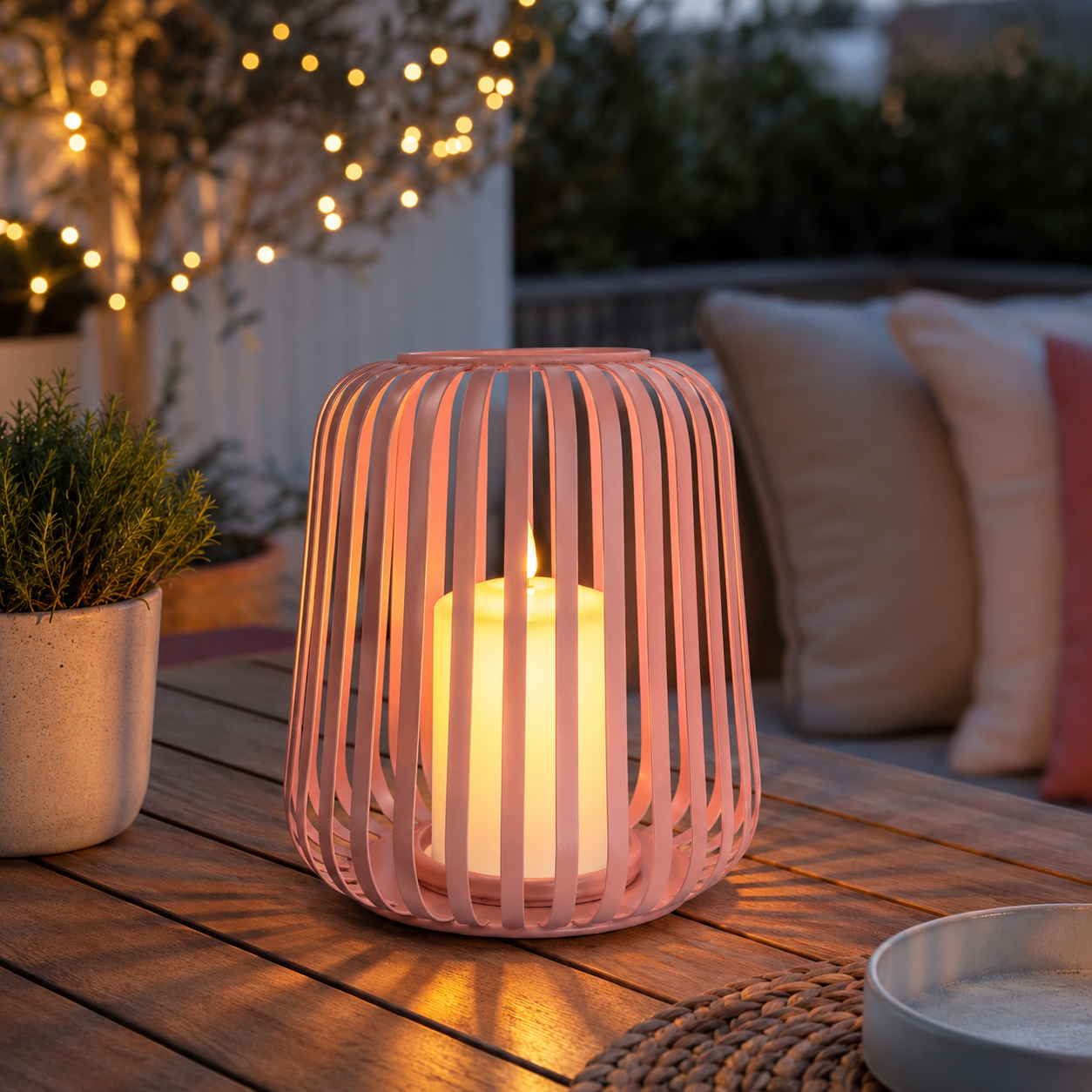 Windlicht „Lydia“ aus Metall mit LED-Kerze & Timer – Rosa – 21 cm