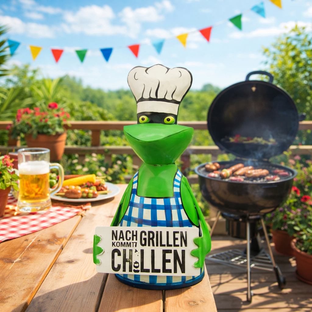 Zaunhocker / Pfostenhocker "Grillmeister" Frosch Kanu aus Metall I verschiedene Motive I Höhe 20 cm