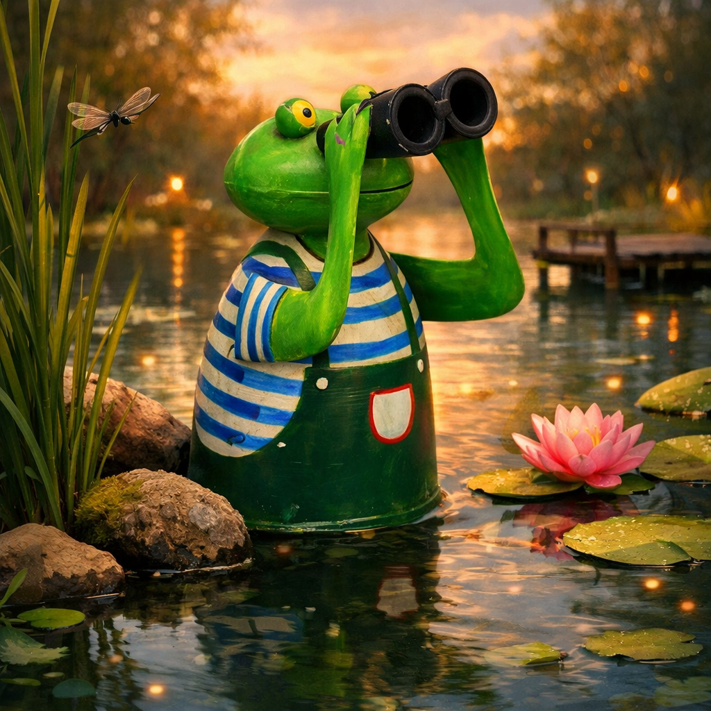 Zaunhocker / Pfostenhocker Frosch Kanu Gärtner aus Metall – mit Fernglas I Höhe 21,5 cm