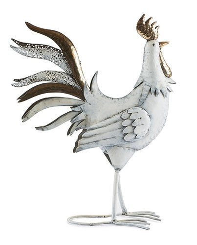 Hahn aus Metall / Dekofigur Tier / Dekohahn – weiss-gold – Höhe 44 cm