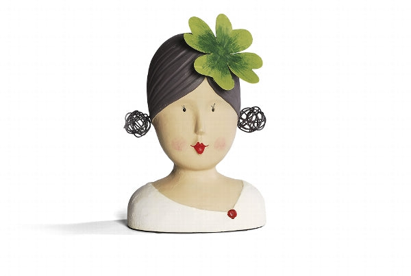 Baden Ladykopf "Jasmin" / Gipskopf / Dekokopf mit Kleeblatt aus Gips – grün-weiss-grau – Höhe 25 cm