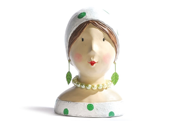 Baden Ladykopf "Lilly" / Gipskopf / Dekokopf mit grünen Punkten aus Gips – grün-weiss – Höhe 23 cm
