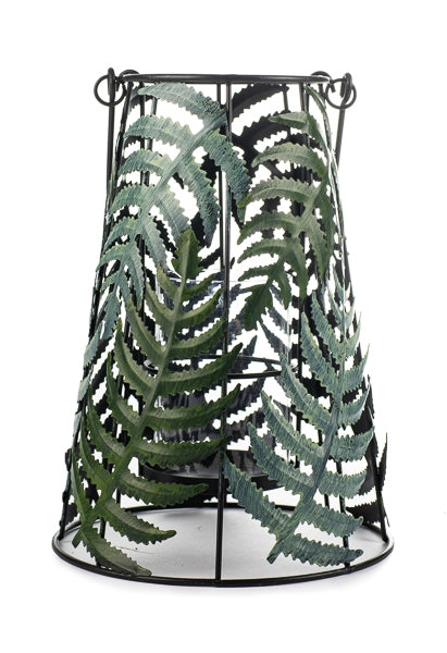 Windlicht Farn aus Metall mit Glaseinsatz – Kerzenhalter schwarz-grün – Höhe 25 cm