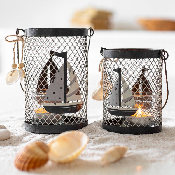 Teelichthalter / Metall-Windlicht / Kerzenhalter mit Booten aus Metall – blau-weiss – Höhe 11 cm