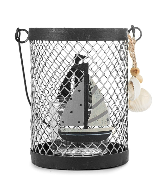 Teelichthalter / Metall-Windlicht / Kerzenhalter mit Booten aus Metall – blau-weiss – Höhe 11 cm