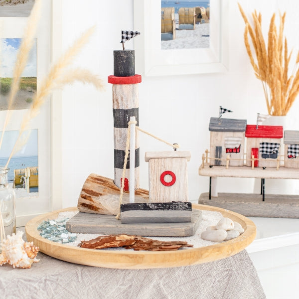 Insel mit Strandhäusern aus Holz / Aufsteller / Dekoration – rot-blau-grau – Höhe 20 cm