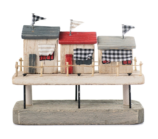 Insel mit Strandhäusern aus Holz / Aufsteller / Dekoration – rot-blau-grau – Höhe 20 cm