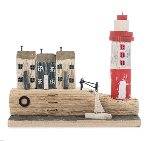 Maritime Holz Deko Insel mit Leuchtturm & Häusern – Aufsteller Fensterdeko 24 cm