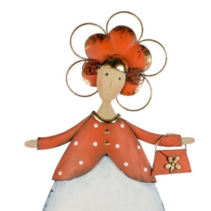 Lady mit Handtasche aus Metall / Dekofigur – orange-weiss – Höhe 52 cm