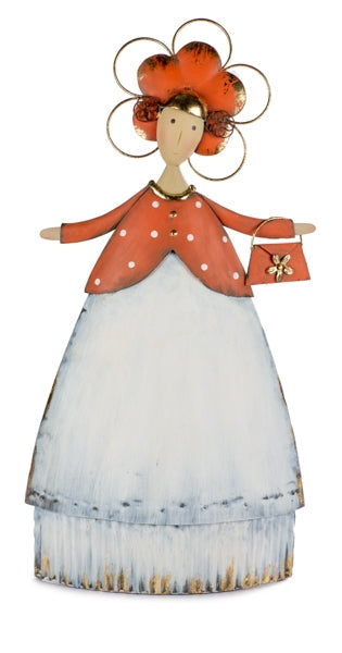 Lady mit Handtasche aus Metall / Dekofigur – orange-weiss – Höhe 52 cm