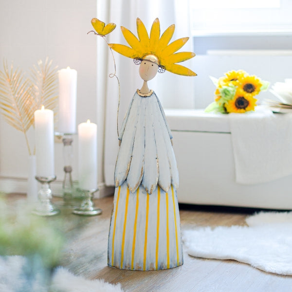 Lady mit Schmetterling aus Metall / Dekofigur – gelb-weiss – Höhe 80 cm