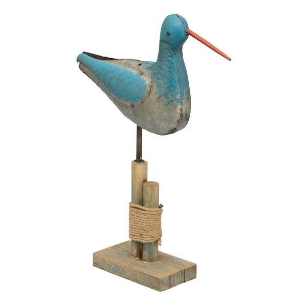 Vogel aus Metall auf Holzfuss / Aufsteller / Dekofigur – blau-silber – Höhe 52 cm