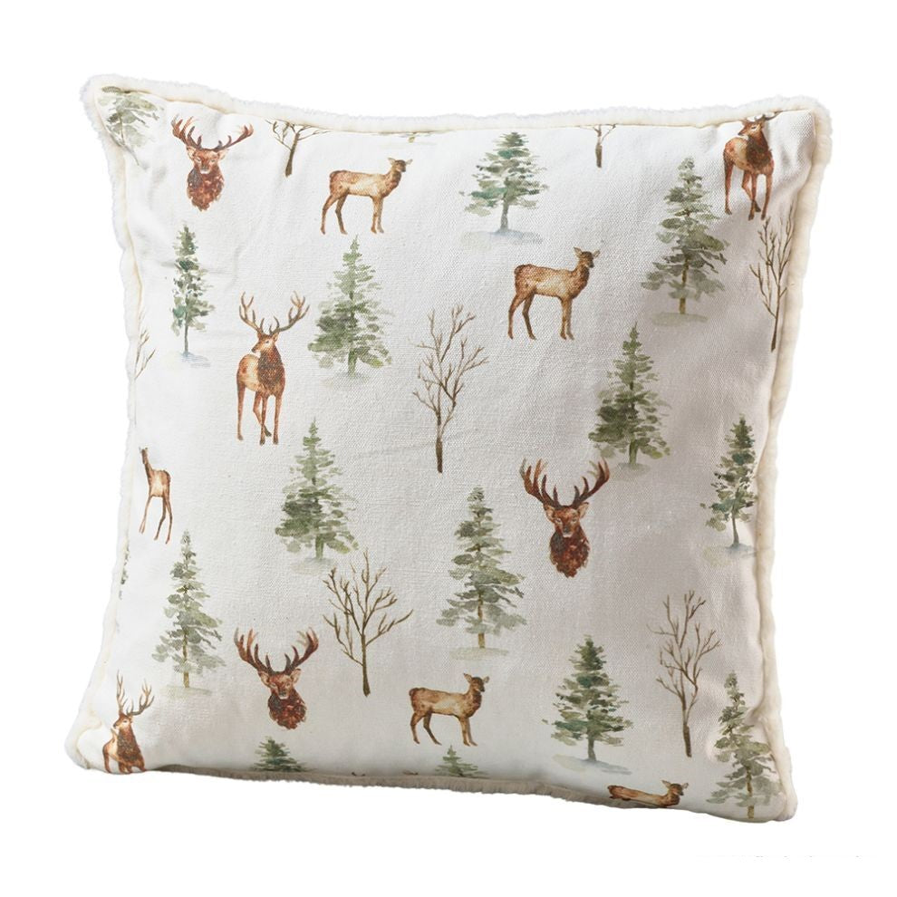 Kissen / Stoffkissen / Zierkissen Hirsch/Tanne mit Inlet – weiss-grün-braun – Masse 42 x 42 cm