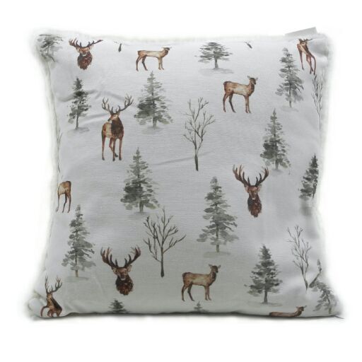 Kissen / Stoffkissen / Zierkissen Hirsch/Tanne mit Inlet – weiss-grün-braun – Masse 42 x 42 cm