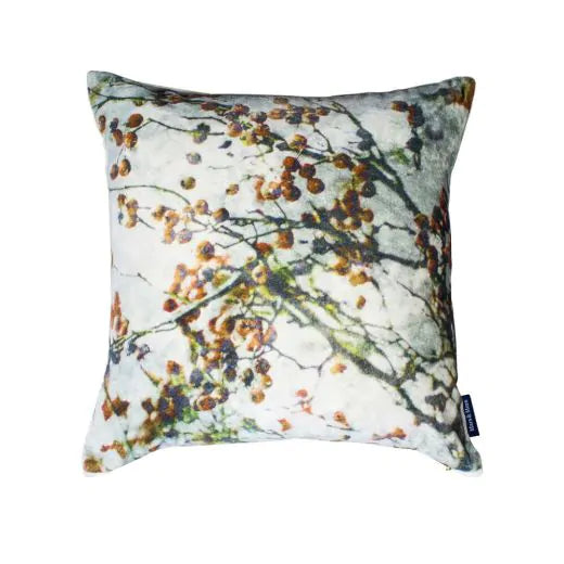 Kissen / Samtkissen / Zierkissen Hagebutte mit Inlet – weiss-braun-rot - Masse 45 x 45 cm