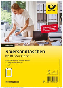 Deutsche Post Premium Versandtaschen / Kuvert DIN B4 (25 x 35,3 cm) mit Papprückwand haftklebend – 3er-Set – weiss