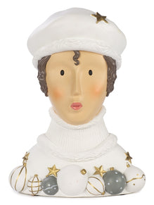 Baden Ladykopf "Doro" Kopf mit Mütze Büste aus Gips & Papiermaché – weiss-grau-gold – 27 cm