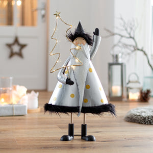 Santa mit Tanne LED / Metall / Aufsteller Dekofigur – silber-schwarz-gold – Höhe 57 cm