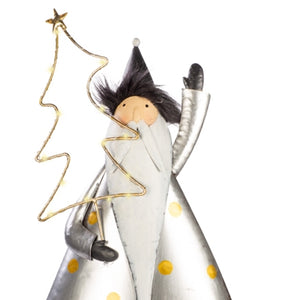 Santa mit Tanne LED / Metall / Aufsteller Dekofigur – silber-schwarz-gold – Höhe 57 cm