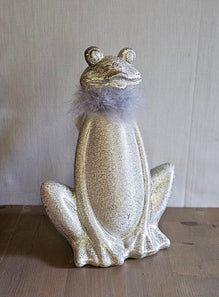 Frosch aus Keramik mit Federboa / Keramikfrosch / Dekofigur  – silber – Höhe 21 cm