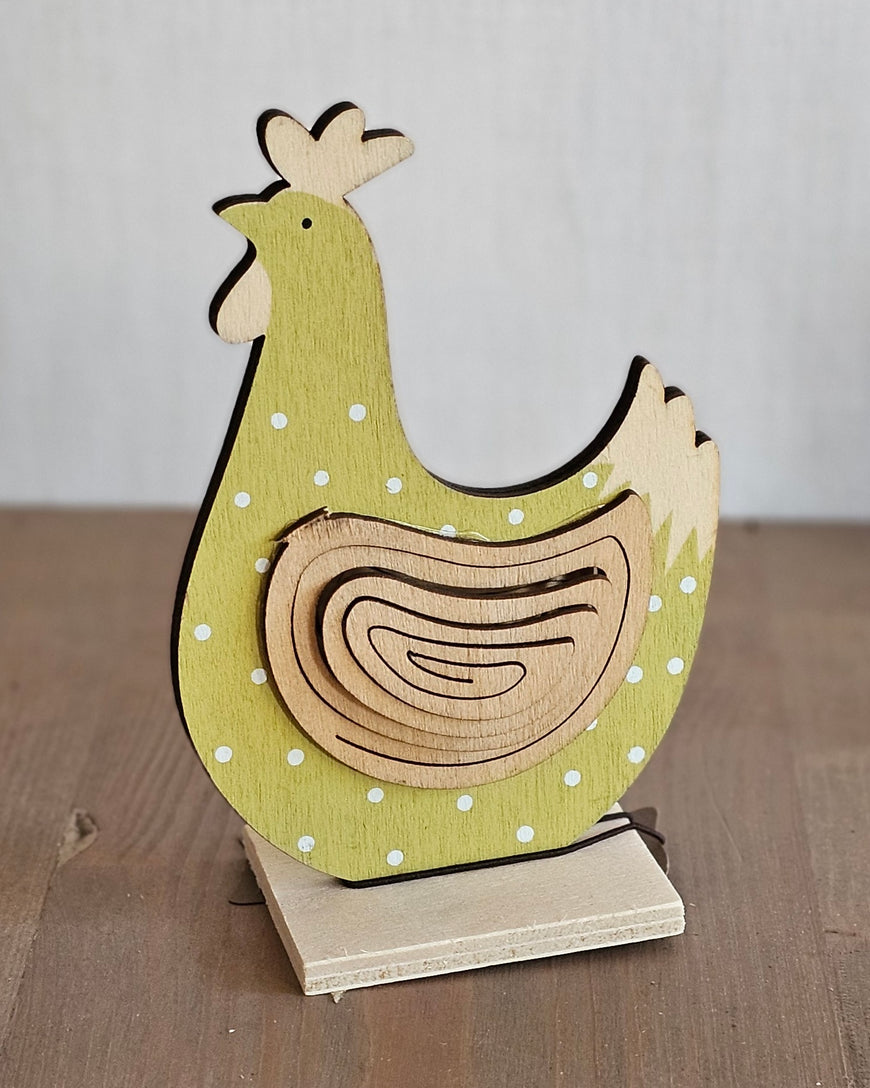 Huhn Dekofigur aus Holz – grüne Henne mit weißen Punkten – Oster- & Frühlingsdeko 11 cm