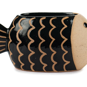 Blumentopf Fisch aus Keramik – schwarzer Übertopf | Höhe 7 cm