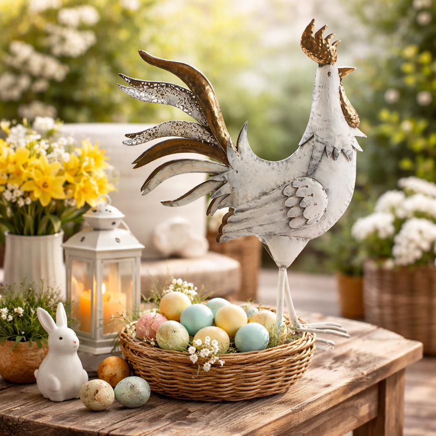 Hahn aus Metall / Dekofigur Tier / Dekohahn – weiss-gold – Höhe 44 cm