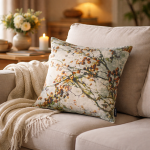 Samtkissen Hagebutte 45x45 cm – Zierkissen mit Naturmotiv in Weiß Braun Rot inkl. Füllung