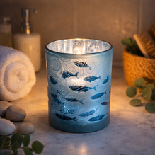 Glas-Windlicht mit Fische / Vase / Leuchter – Blau-Silber - Höhe 12 cm
