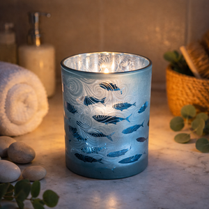 Glas-Windlicht mit Fische / Vase / Leuchter – Blau-Silber - Höhe 12 cm
