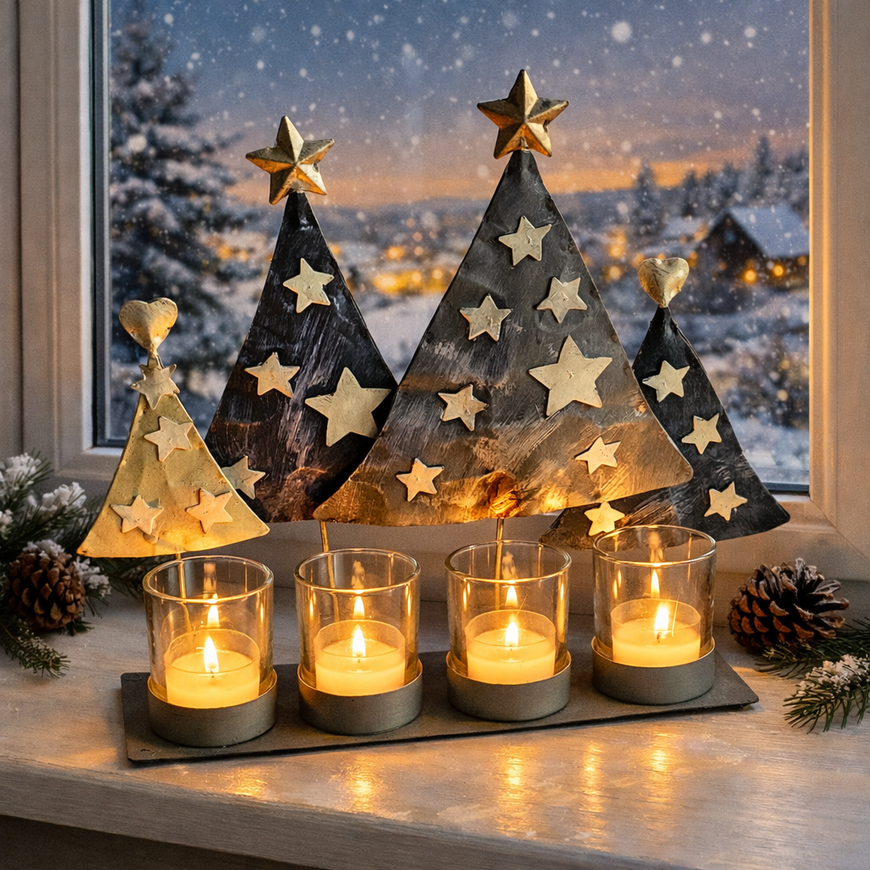 Adventskranz Metall länglich blau – moderner Kerzenhalter für 4 Kerzen – Weihnachtsdeko 26×8×28 cm