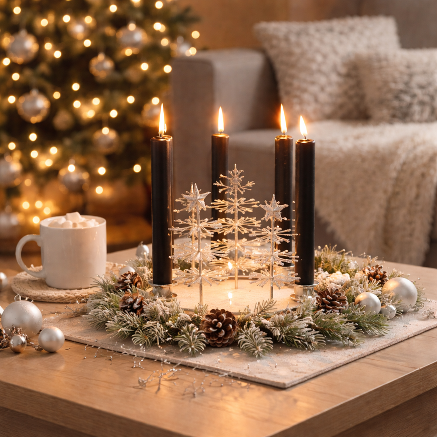 Baden Adventskranz aus Metall – Edler Kerzenständer für Stabkerzen in Silber-Glitzer | Ø 25 cm | Stilvolle Weihnachtsdeko