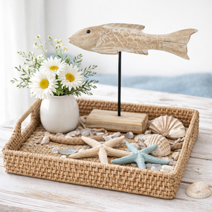 Maritime Dekofigur Fisch aus Holz & Metall – Natur-Weiß, 31 cm | Stilvolle Wohndeko