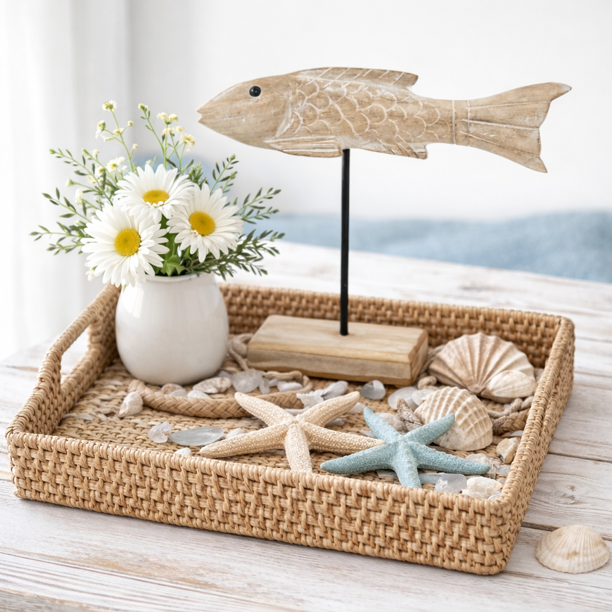 Maritime Dekofigur Fisch aus Holz & Metall – Natur-Weiß, 31 cm | Stilvolle Wohndeko