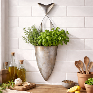 Fisch Pflanztopf Wandhänger aus Metall – Kräutertopf Wandaufhängung Silber 90 cm