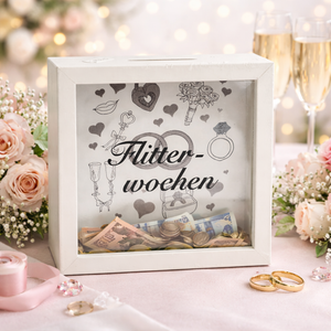 Spardose „Flitterwochen“ – Geldgeschenk zur Hochzeit – Weiß – 15×15 cm