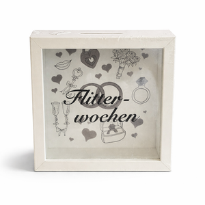 Spardose „Flitterwochen“ – Geldgeschenk zur Hochzeit – Weiß – 15×15 cm