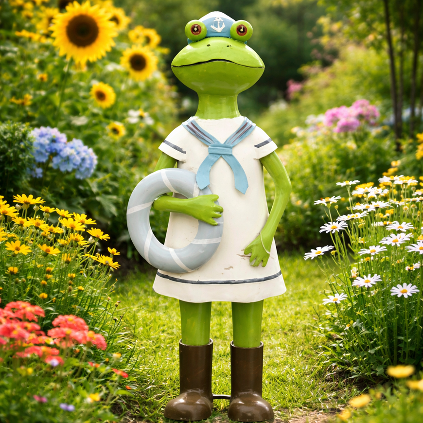 Frosch Kanu aus Metall / Gartenfigur – grün-weiss-blau – verschiedene Motive