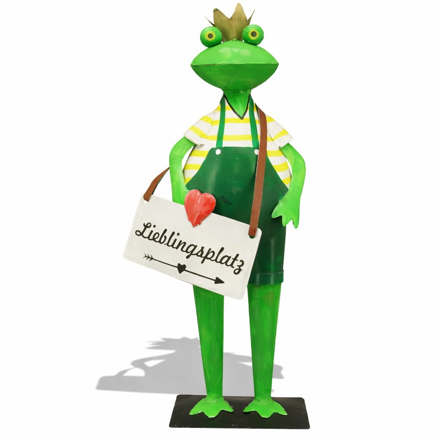 Frosch Kanu Gartenfigur aus Metall – „Lieblingsplatz“ Schild – 46 cm – Gartendeko grün-gelb-rot
