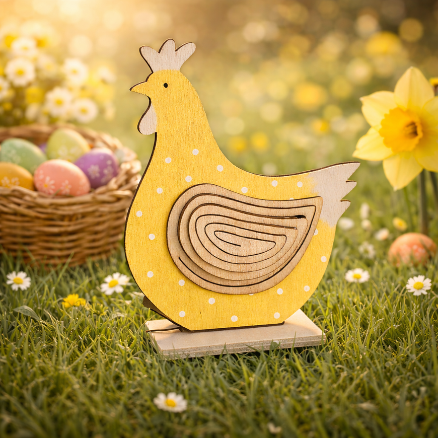 Huhn Dekofigur aus Holz – gelbe Henne mit weißen Punkten – Osterdekoration – 10 cm