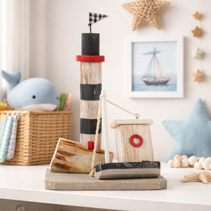 Insel mit Leuchtturm aus Holz / Aufsteller / Dekoration – rot-blau-grau – Höhe 25 cm