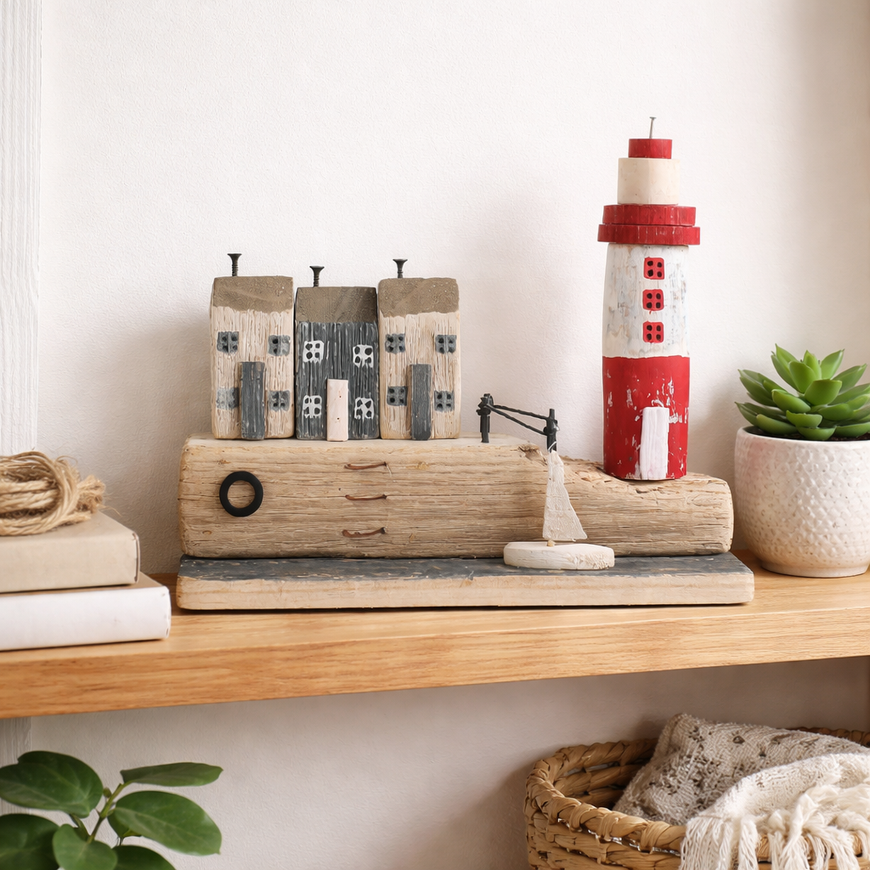 Maritime Holz Deko Insel mit Leuchtturm & Häusern – Aufsteller Fensterdeko 24 cm