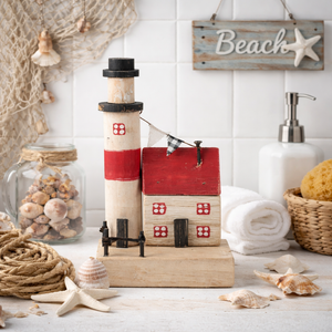 Maritime Holzdeko Insel mit Leuchtturm & Haus – Fensterdeko Aufsteller rot-blau-weiß, 20 cm