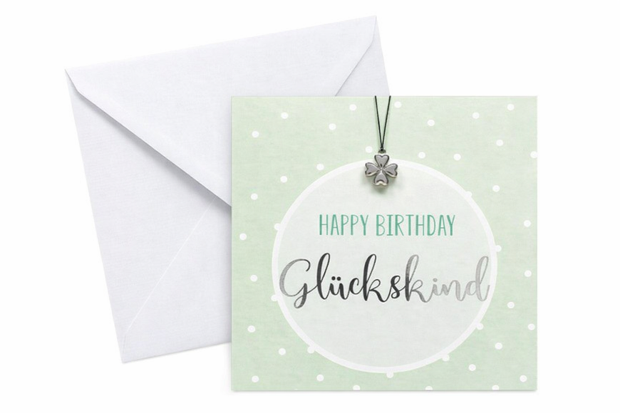 Geburtstagskarte mit Glücksarmband Kleeblatt – Handgefertigtes Geschenk 15x15 cm