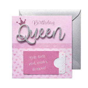 Geburtstagskarte „Queen“ mit silbernem Umschlag – Geldkarte & Glückwunschkarte 15×15 cm