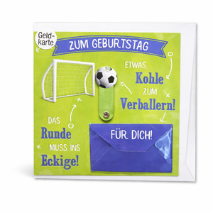 Geburtstagskarte Fußball – Geldkarte mit Umschlag 15x15 cm – Glückwunschkarte für Fußballfans